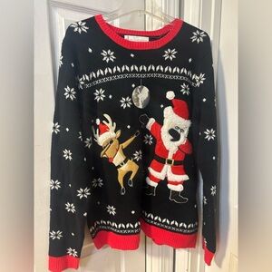Festive Unisex Black and Red Sweater Embroidered Santa and Reindeer Size L